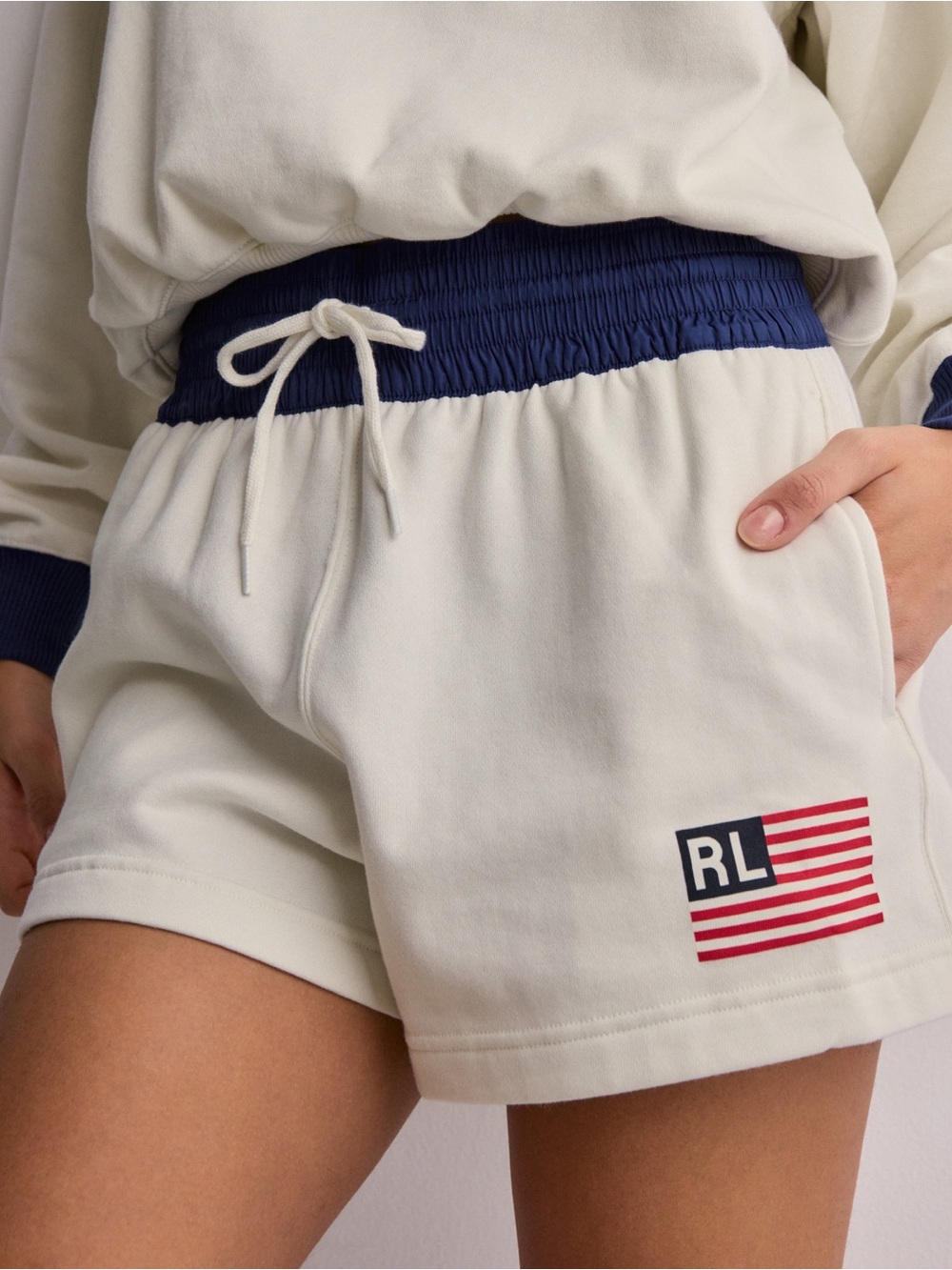 Polo Ralph Lauren Flag Sweat Shorts White Blue Elastic Waist NWT Size L